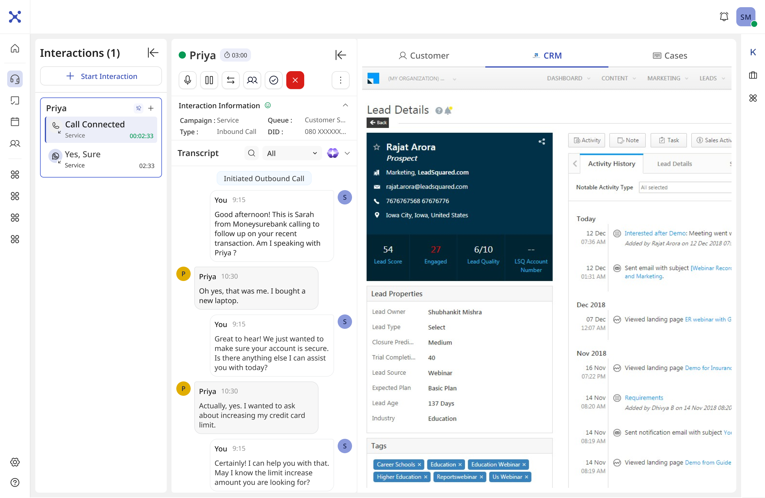 Live call with CRM lead details in the full agent workspace